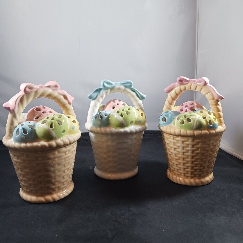 EASTER Ceramic Light Up LED Basket with Pastel Easter Eggs (3pcs)